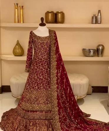 Radiant Red Silk Net Barat Bridal Ensemble Embroidered Shirt, Sharara, and Dupatta Set