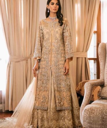 Exquisite Beige Net Engagement Ensemble: Embroidered Gown, Sharara, and Dupatta Set with Pearls and Crystals