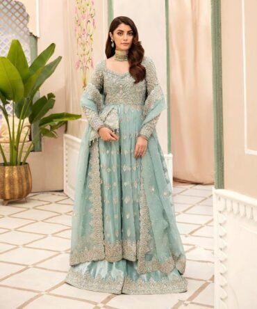 Pakistani Bridal Dress in Blue Grey Gown Dupatta Style