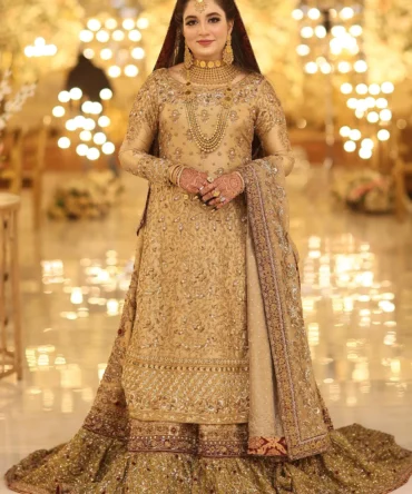 Metallic Gold Lamè Ensemble with Zurbuff Farshi Sharara and Adda Work Dupatta