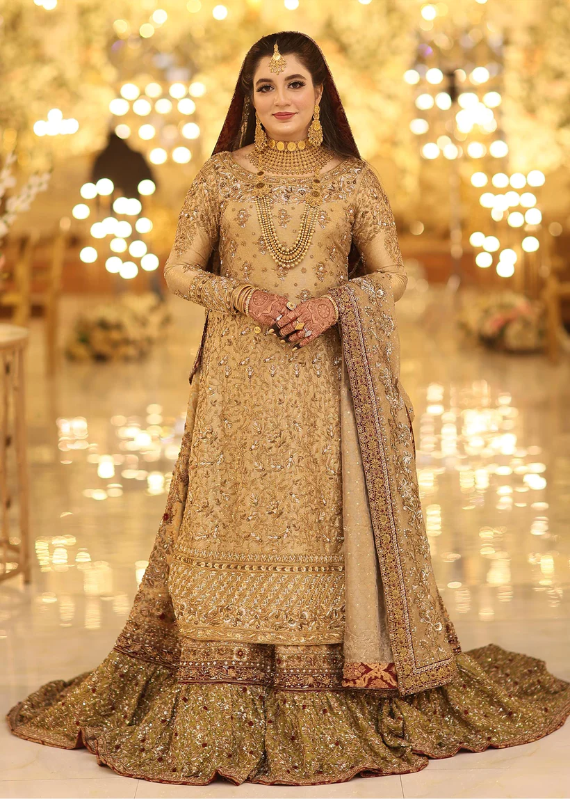 Metallic Gold Lamè Ensemble with Zurbuff Farshi Sharara and Adda Work Dupatta