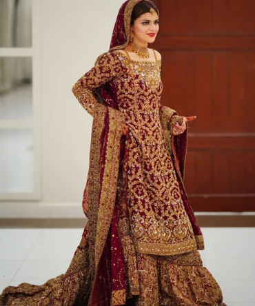 Red Silk Net Ensemble with Zurbuff Farshi Sharara and Embellished Silk Net Dupatta