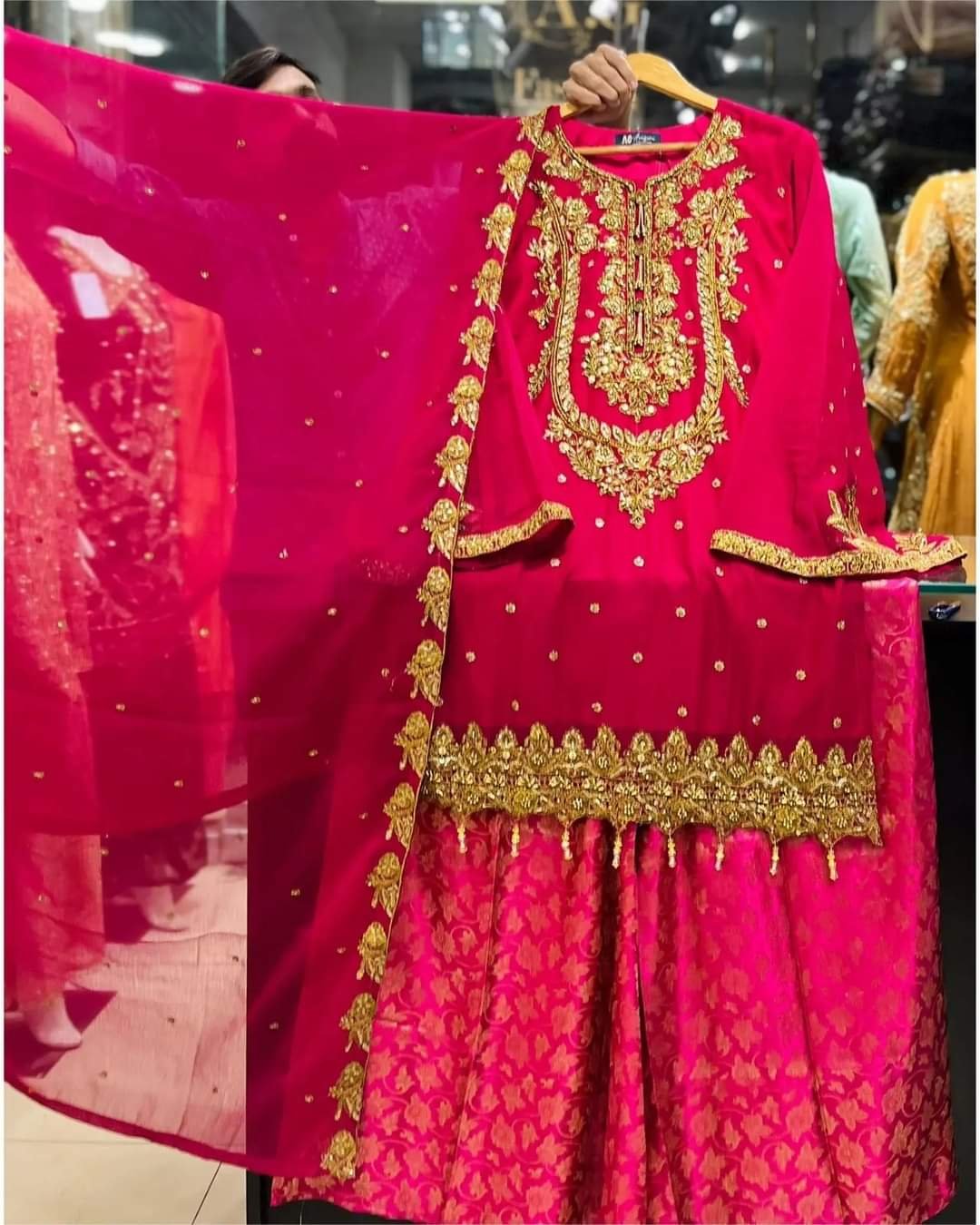 Chiffion handmade embroiderd shirt with banarsi plazo - Image 5