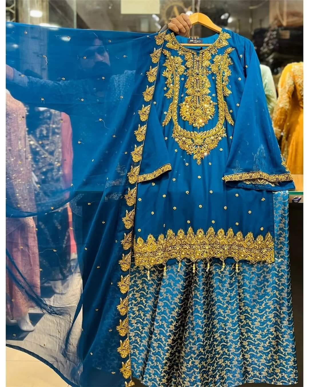 Chiffion handmade embroiderd shirt with banarsi plazo - Image 4