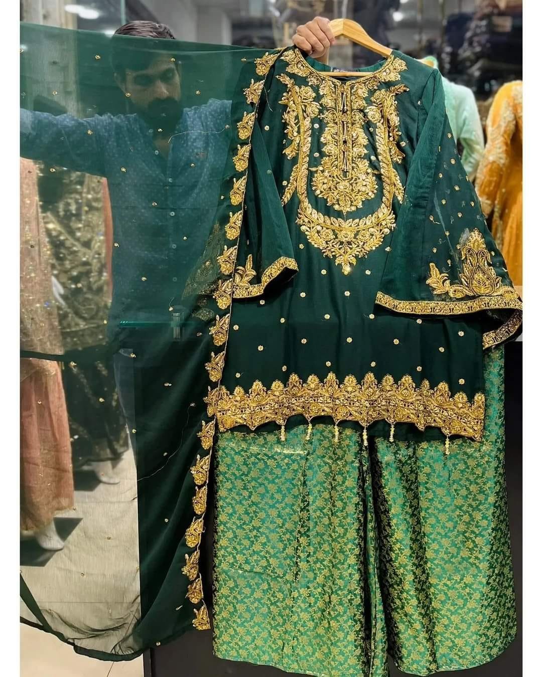 Chiffion handmade embroiderd shirt with banarsi plazo - Image 3