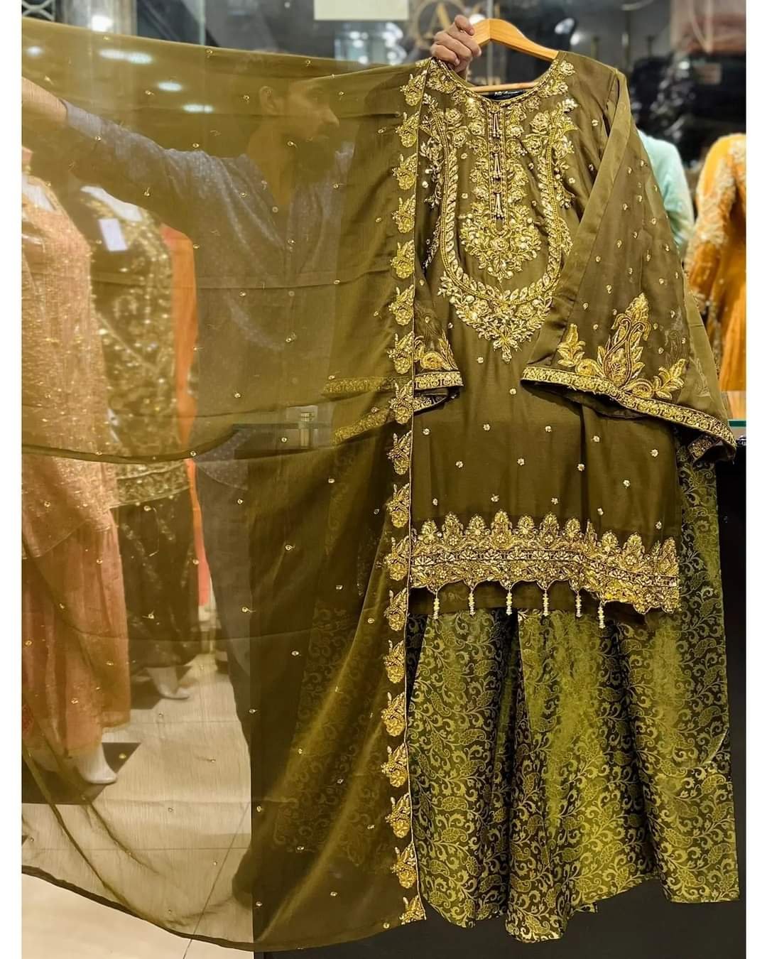 Chiffion handmade embroiderd shirt with banarsi plazo - Image 2