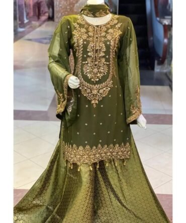 Chiffion handmade embroiderd shirt with banarsi plazo