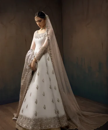 White Silk Embroidered Anarkali Suit With Skirt