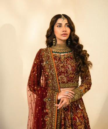 Nazakat - Bridal Embroidered Maroon Lehnga Choli with a Net Dupatta