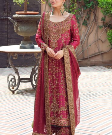 Handworked Magenta Embroidered Shirt with Dupatta & Culottes