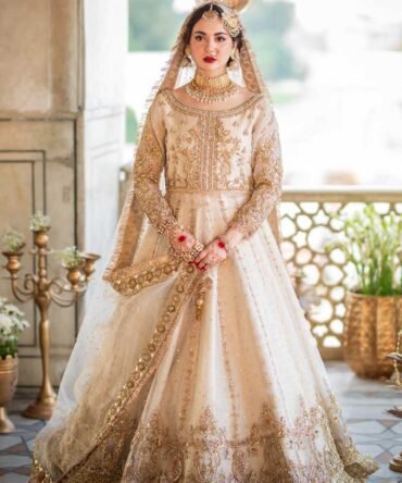 White and Golden Lehenga Frock Pakistani Wedding Dresses
