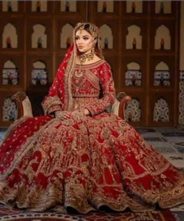 Pakistani Bridal Dress in Red Lehenga and Choli Style
