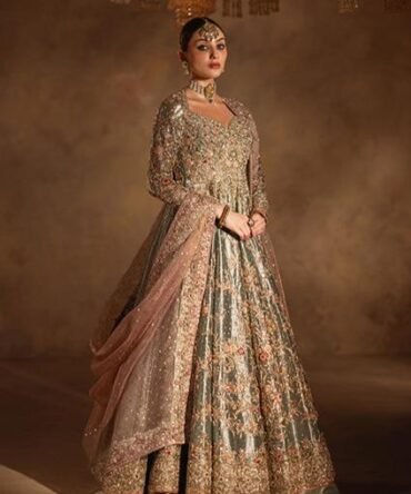 Pakistani Bridal Dress in Tissue Pishwas Lehenga Style
