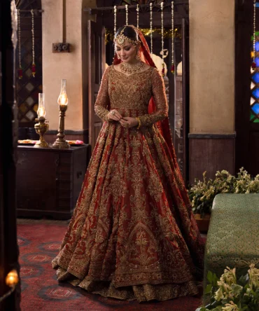Red Bridal Dress in Pishwas Frock and Lehenga Style