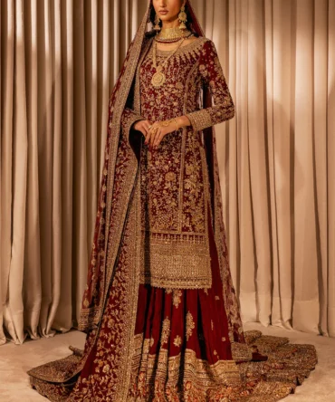 Red Pakistani Bridal Dress in Kameez and Lehenga Style