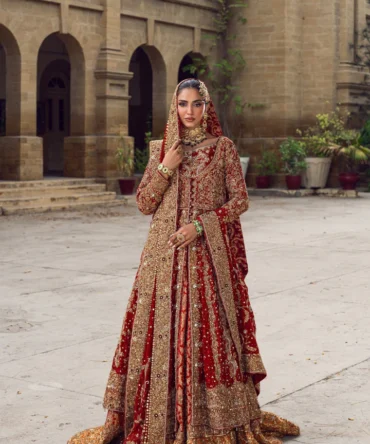 Pakistani Bridal Dress in Red Open Gown Lehenga Style