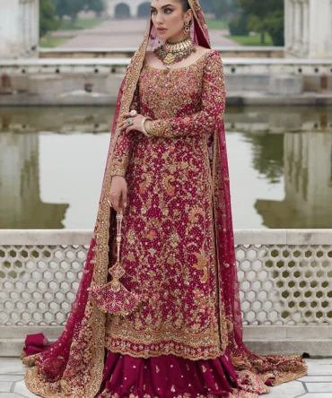 Deep Berry Pink Jamawar Bridal Lehenga Set