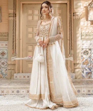 Nikkah Dress in Pishwas Frock Dupatta and Sharara Style