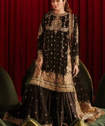 Pakistani Wedding Dress in Black Gharara Kameez Style