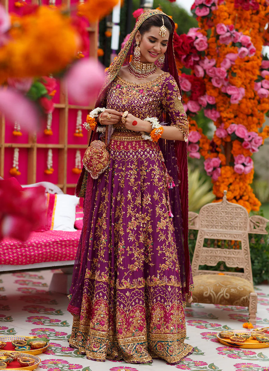 Pakistani Bridal Aubergine Purple Color Lehnga Choli for Wedding for Malik Wears - Image 3