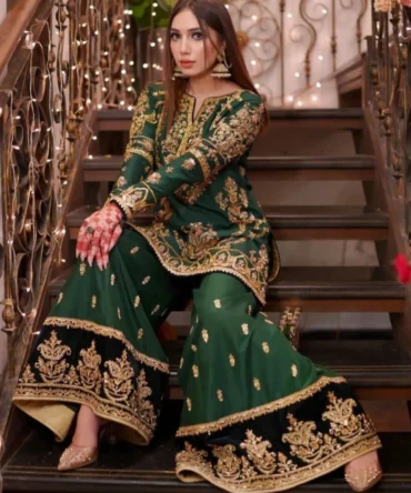 Bottle Green Raw Silk Sharara Dress for Mehndi