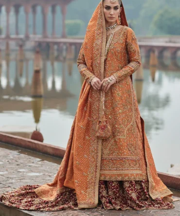 Burnt Orange Zari Net Bridal Lehenga Set