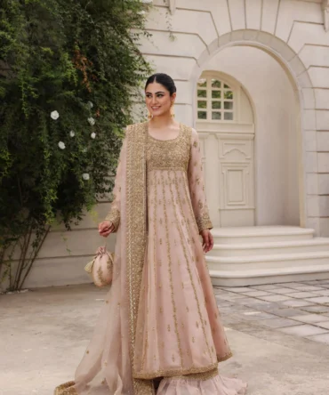 Blush Pink Nikkah Kalidaar Gown with Gold Ada Work