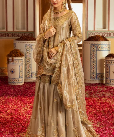 Antique Gold & Peach Hand Embellished Tissue Gharara Set with Dupatta & Pouch