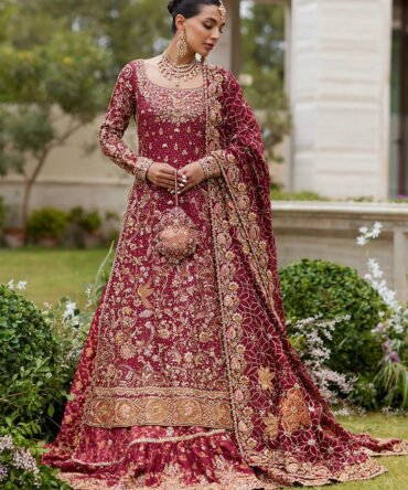 Designer Pakistani Bridal Farshi Lehenga – Cherry Red Cotton Net Shirt & Gold Jamawar