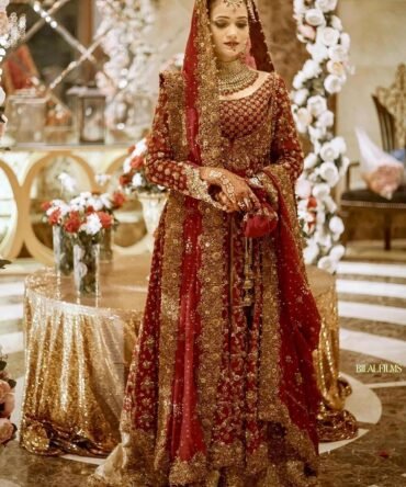 Pakistani Bridal Dress in Open Gown and Lehenga Style