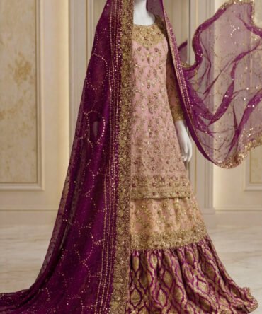 Arooba | Farshi Lehenga | Peach & Purple
