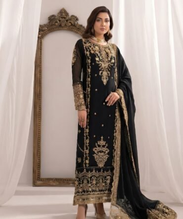 Jet Black Embroidered 3PC Kurta Set | Bemberg Chiffon Party Wear Dress