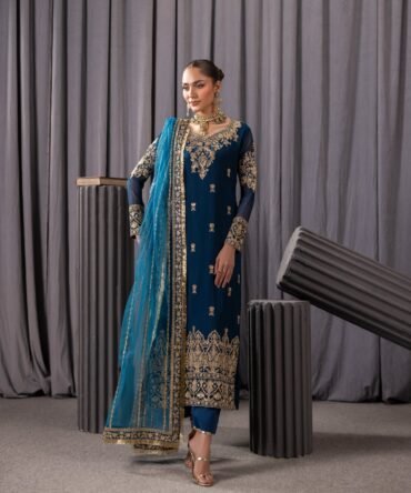 Teal Embroidered 3PC Kurta Set – Bemberg Chiffon A-Line Kurta with Net Dupatta
