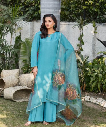 Turquoise Raw Silk Embellished Outfit with Hand-Painted Floral Organza Dupatta