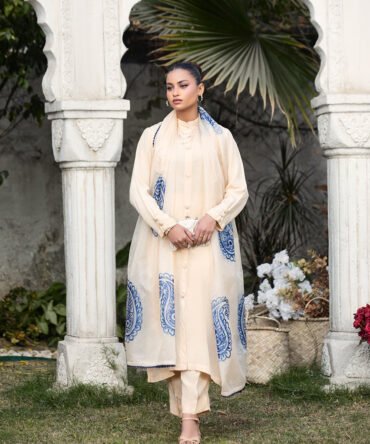 Button-Down Elvish Raw Silk Ensemble with Straight Pants & Hand-Painted Organza