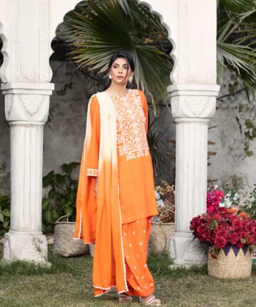 Bright Orange Silk Karandi Ensemble with Embroidered Details & Three-Tone Dyed