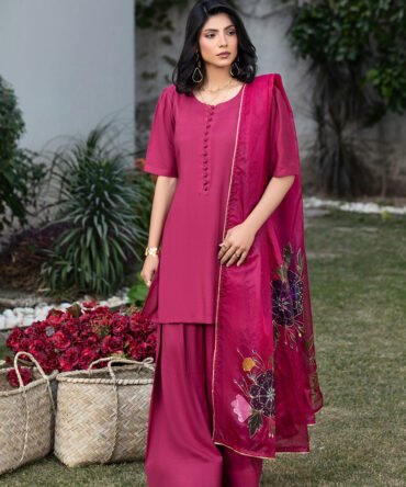 Maroon Raw Silk 3PC Suit – Puff Sleeve Short Shirt with Farshi Shalwar & Hand-Painted Organza Dupatta
