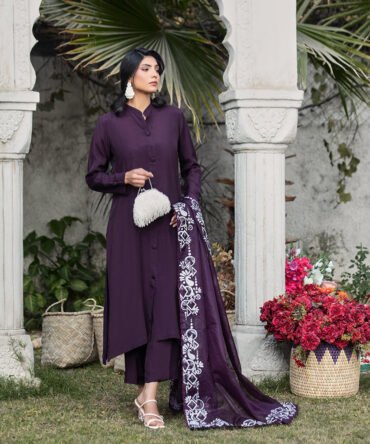 Button-Down Mauve Raw Silk Ensemble with Straight Pants & Hand-Painted Organza