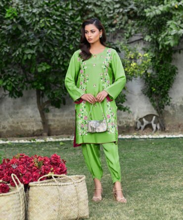 Neon Parrot Green Embroidered Silk Ensemble – Elegant Casual & Semi-Formal Wear