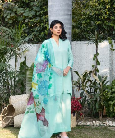Turquoise Raw Silk Ensemble with Embellished Neckline & Hand-Painted Floral Organza Dupatta